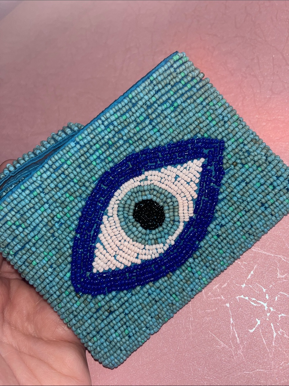 Beaded Evil Eye Wristlet Pouch in Aqua & Blue - Picture 3 of 16
